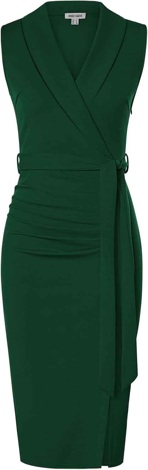 GRACE KARIN Women's Wear to Work Bodycon Sleeveless Dresses | Midi, Slim Fit, Ruched, Belted, High Waist, Stretchy, Slit, V Neck, Wrap, Pencil, Elegant, Office, Formal, Sheath, Cocktail