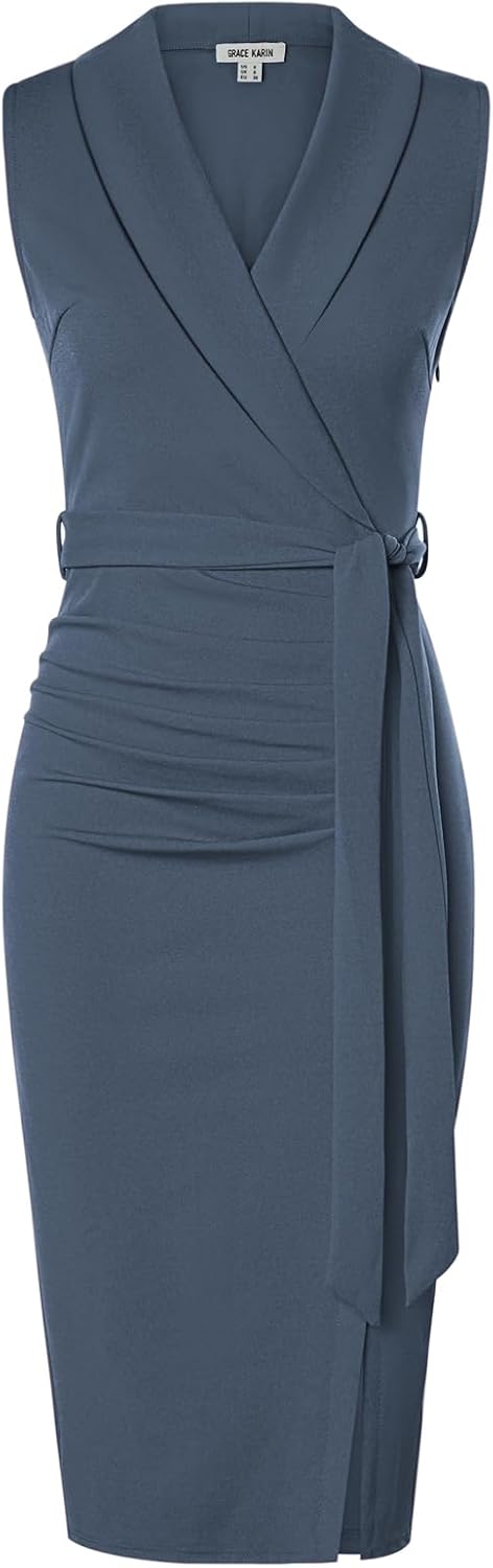 GRACE KARIN Women's Wear to Work Bodycon Sleeveless Dresses | Midi, Slim Fit, Ruched, Belted, High Waist, Stretchy, Slit, V Neck, Wrap, Pencil, Elegant, Office, Formal, Sheath, Cocktail