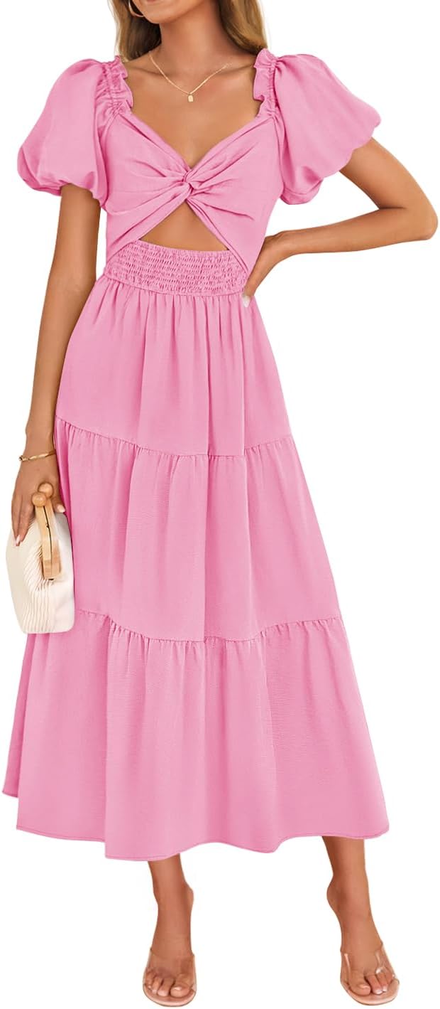 ZESICA Womens Summer Casual Cutout Flowy Vacation Maxi Dress | Short Puff Sleeve, A Line, Smocked Dress, Beach Party Dresses, Spring Summer Wedding Guest Long Dress