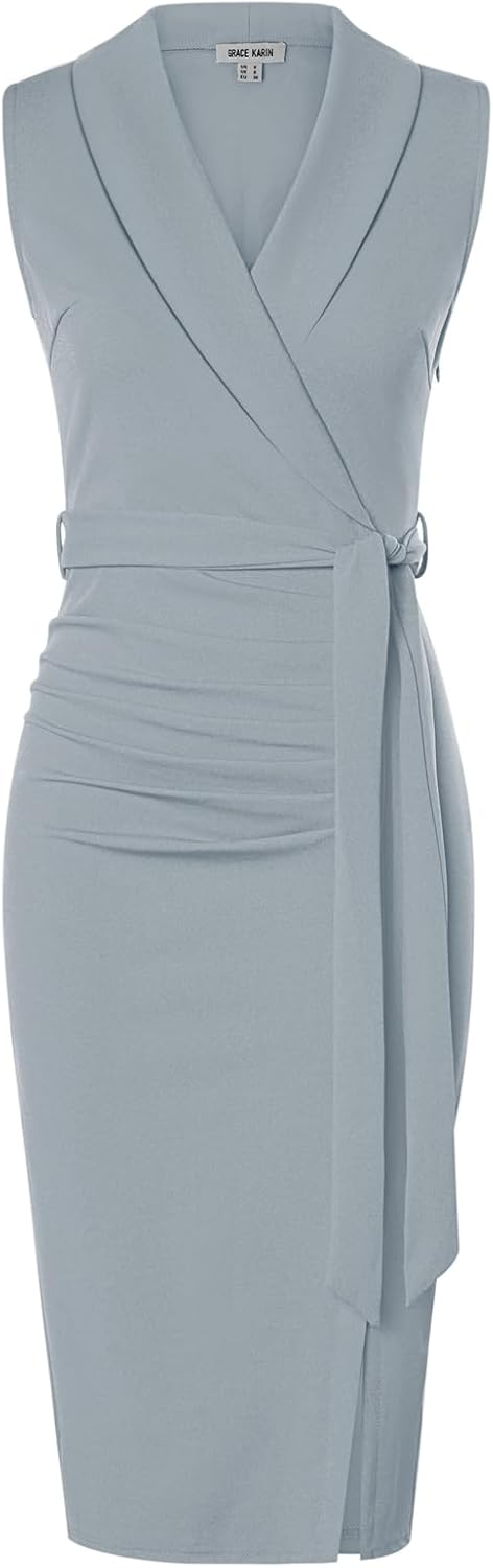 GRACE KARIN Women's Wear to Work Bodycon Sleeveless Dresses | Midi, Slim Fit, Ruched, Belted, High Waist, Stretchy, Slit, V Neck, Wrap, Pencil, Elegant, Office, Formal, Sheath, Cocktail