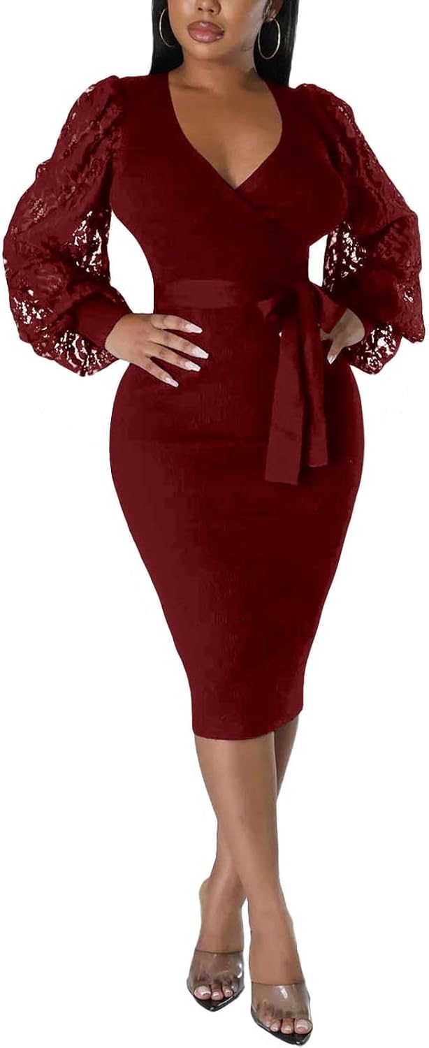BOGURST Semi Formal Church Dresses for Women Bishop Sleeve Sexy V Neck Bodycon Midi Dresses