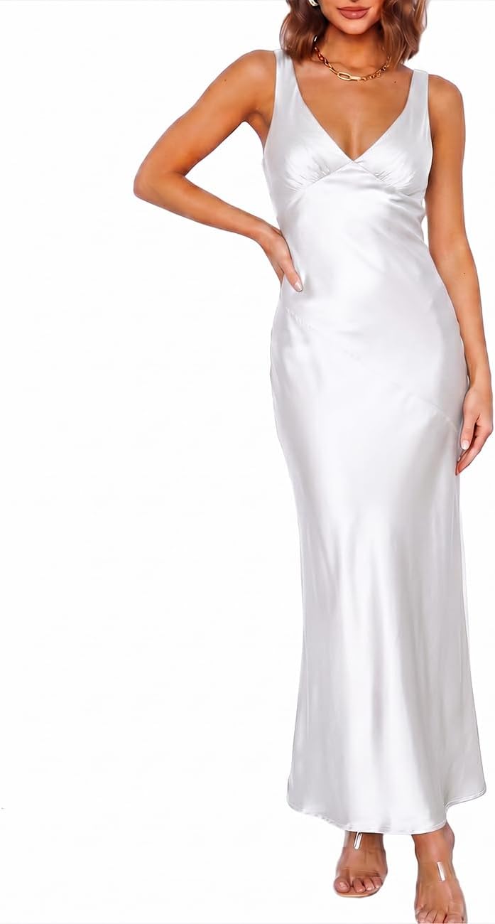 VUBIYA Women's Summer Satin V Neck Backless Maxi Dress Wedding Guest | Open Back Tie-Back, Silk Sleeveless, Formal Bridesmaid, Elegant Cocktail, Vacation Beach, Date Night and Party