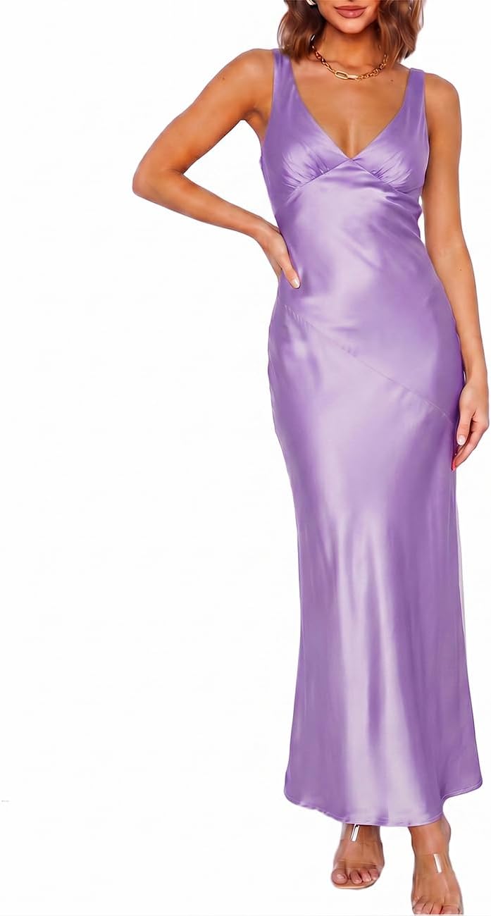VUBIYA Women's Summer Satin V Neck Backless Maxi Dress Wedding Guest | Open Back Tie-Back, Silk Sleeveless, Formal Bridesmaid, Elegant Cocktail, Vacation Beach, Date Night and Party