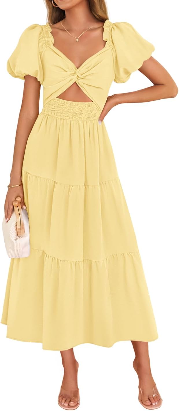 ZESICA Womens Summer Casual Cutout Flowy Vacation Maxi Dress | Short Puff Sleeve, A Line, Smocked Dress, Beach Party Dresses, Spring Summer Wedding Guest Long Dress
