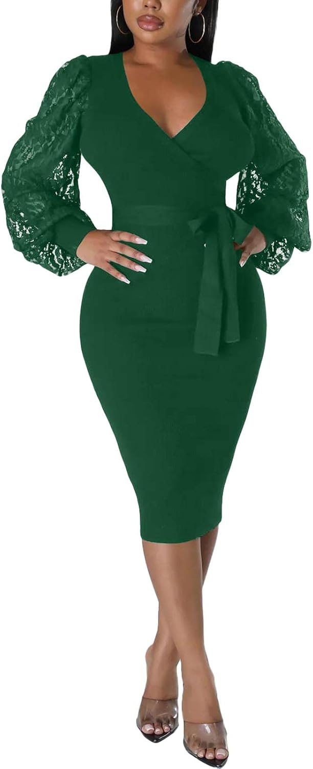 BOGURST Semi Formal Church Dresses for Women Bishop Sleeve Sexy V Neck Bodycon Midi Dresses