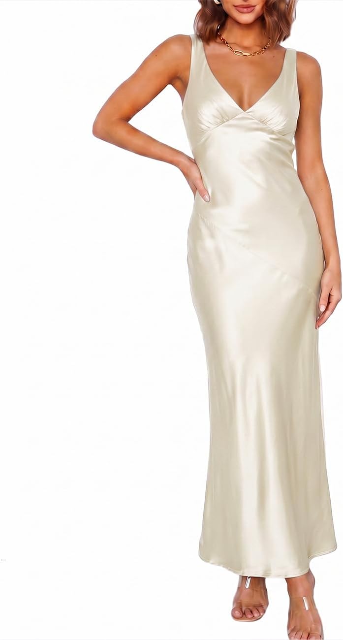 VUBIYA Women's Summer Satin V Neck Backless Maxi Dress Wedding Guest | Open Back Tie-Back, Silk Sleeveless, Formal Bridesmaid, Elegant Cocktail, Vacation Beach, Date Night and Party