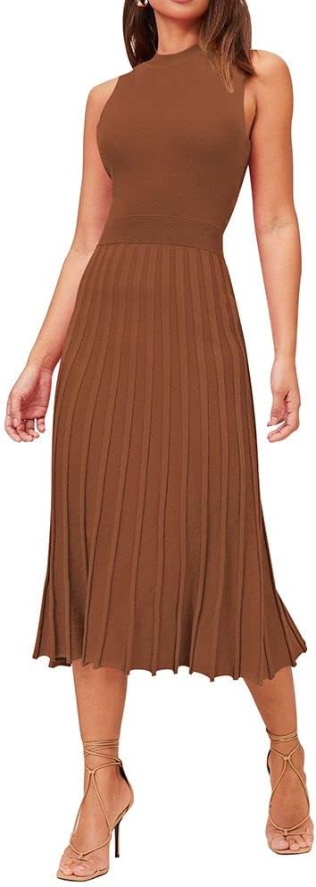 Pink Queen Women's Elegant Sleeveless Pleated A Line Midi Sweater Dresses | Crewneck,High Waisted,Ribbed Knit,Swing Long Dresses,Soft Stretchy,Business Causal,Work,Wedding,Party,Cocktail