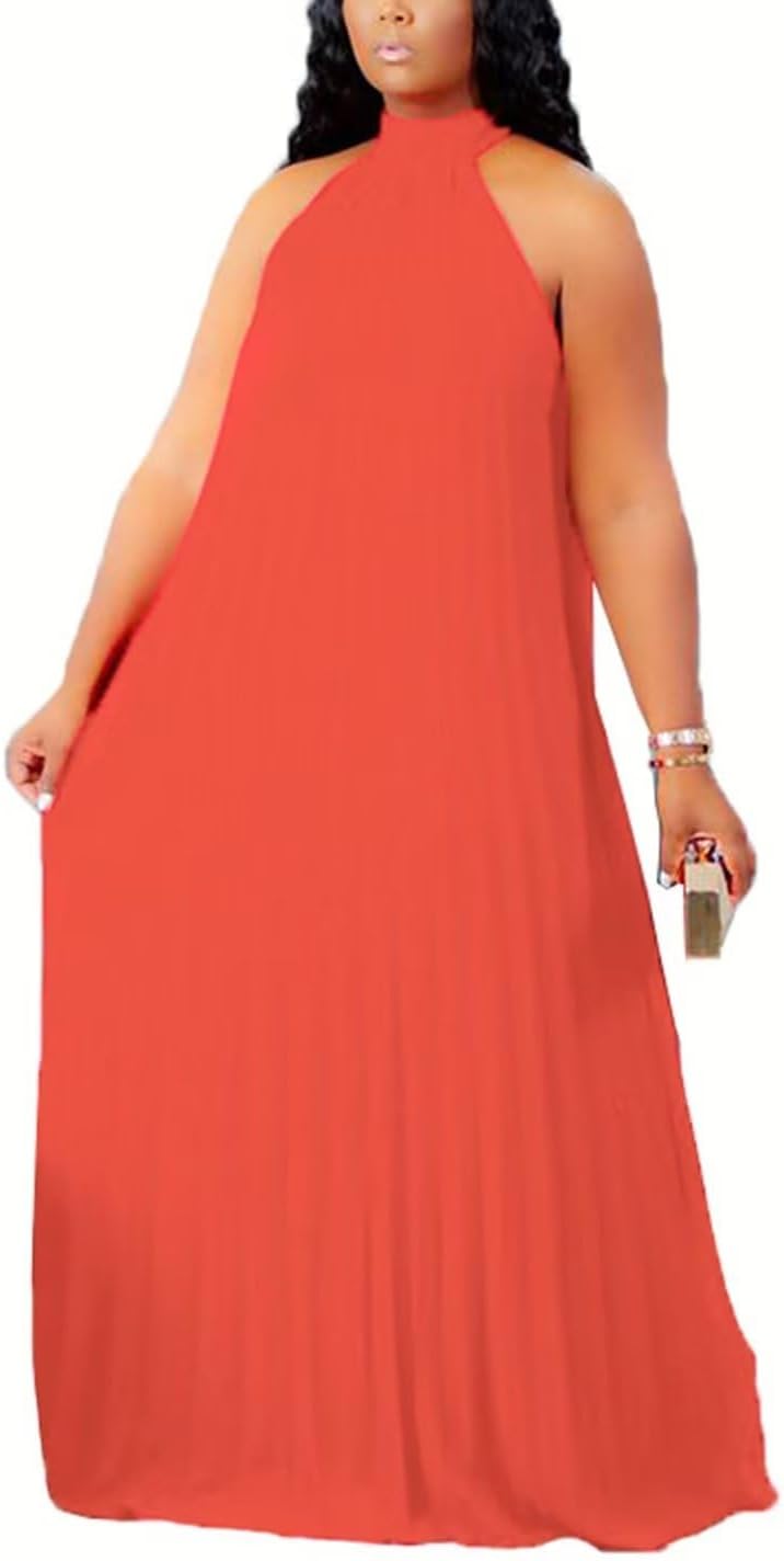Aro Lora Womens Plus Size Chiffon Loose Long Maxi Dresses | Sleeveless, Halter Neck, Pleated, Summer Casual Formal Dress, Wedding Guest, Beach, Vacation, Prom, Party, Club, Evening
