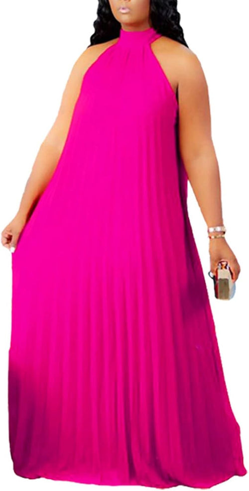 Aro Lora Womens Plus Size Chiffon Loose Long Maxi Dresses | Sleeveless, Halter Neck, Pleated, Summer Casual Formal Dress, Wedding Guest, Beach, Vacation, Prom, Party, Club, Evening