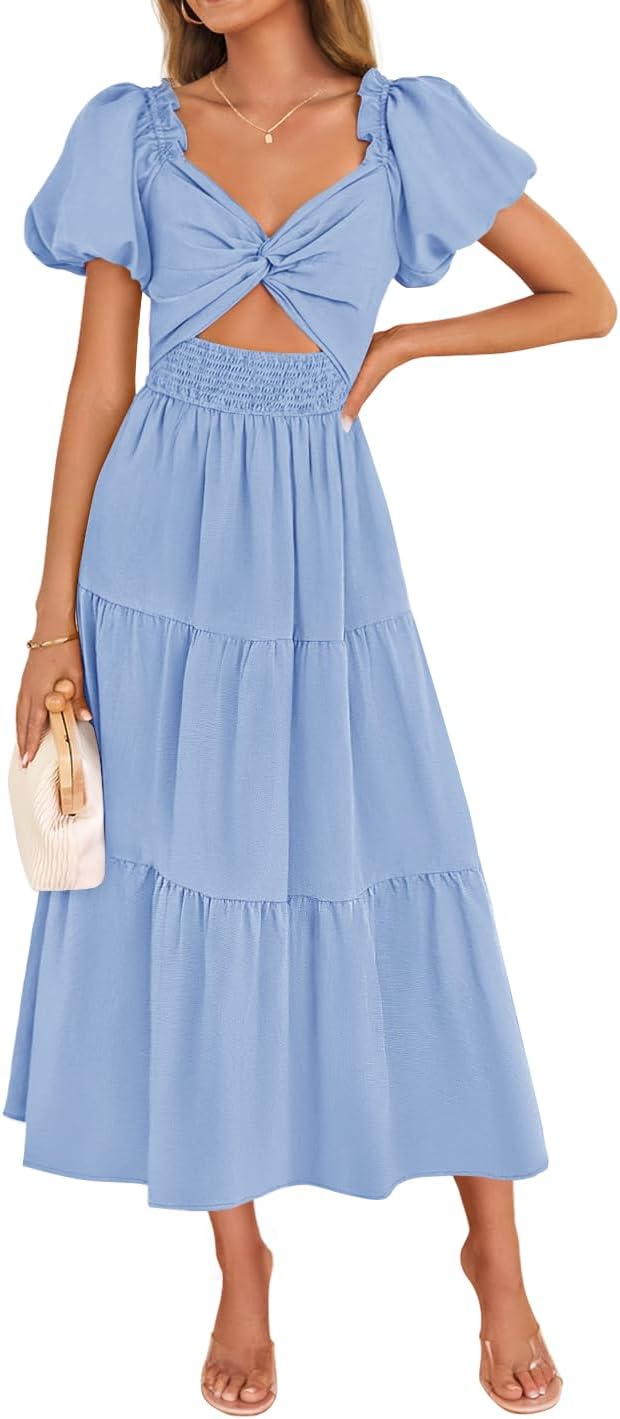 ZESICA Womens Summer Casual Cutout Flowy Vacation Maxi Dress | Short Puff Sleeve, A Line, Smocked Dress, Beach Party Dresses, Spring Summer Wedding Guest Long Dress
