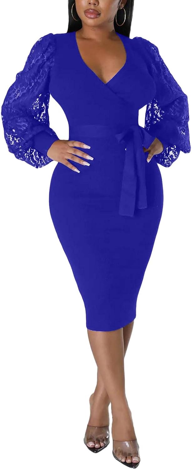BOGURST Semi Formal Church Dresses for Women Bishop Sleeve Sexy V Neck Bodycon Midi Dresses