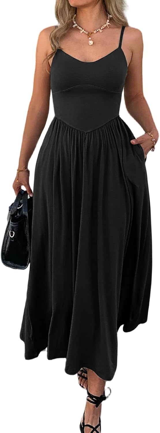 Evzeiem Womens Spaghetti Strap Maxi Dresses Summer Casual Sleeveless A Line Long Flowy Dress with Pockets Beach Sundresses
