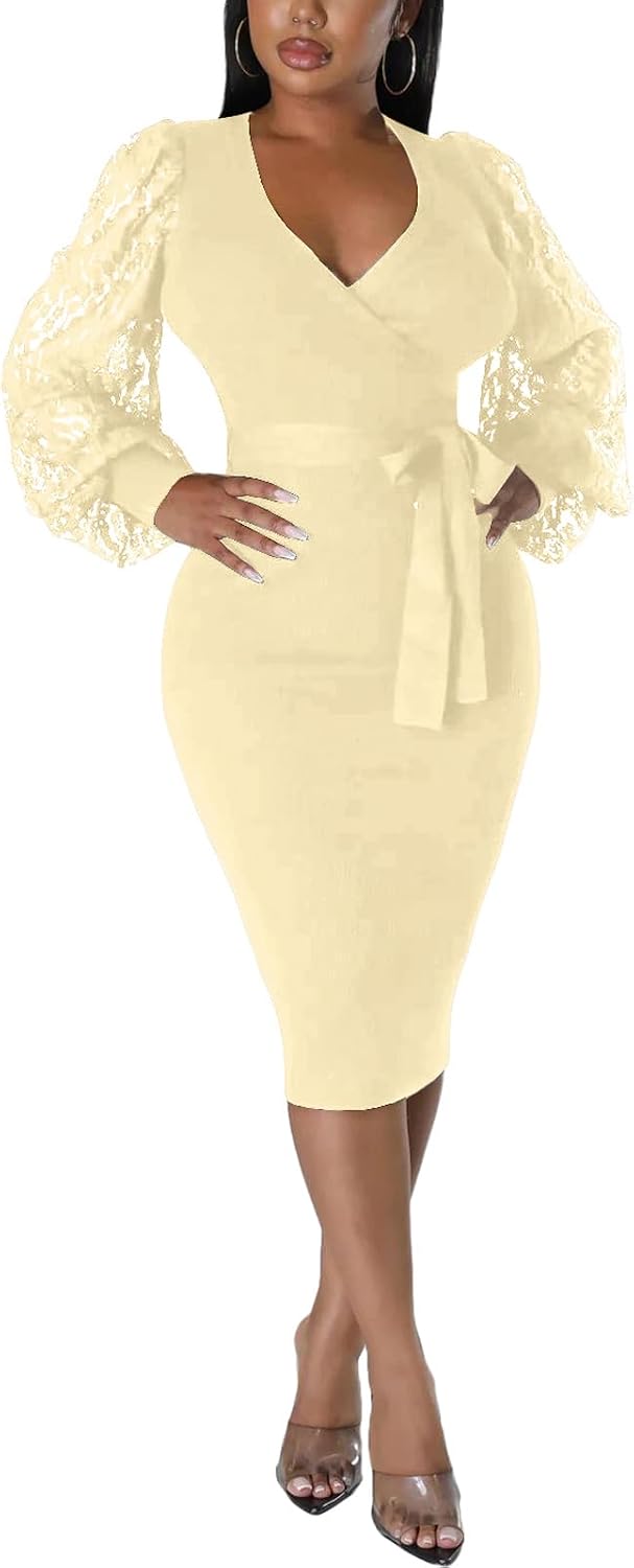 BOGURST Semi Formal Church Dresses for Women Bishop Sleeve Sexy V Neck Bodycon Midi Dresses