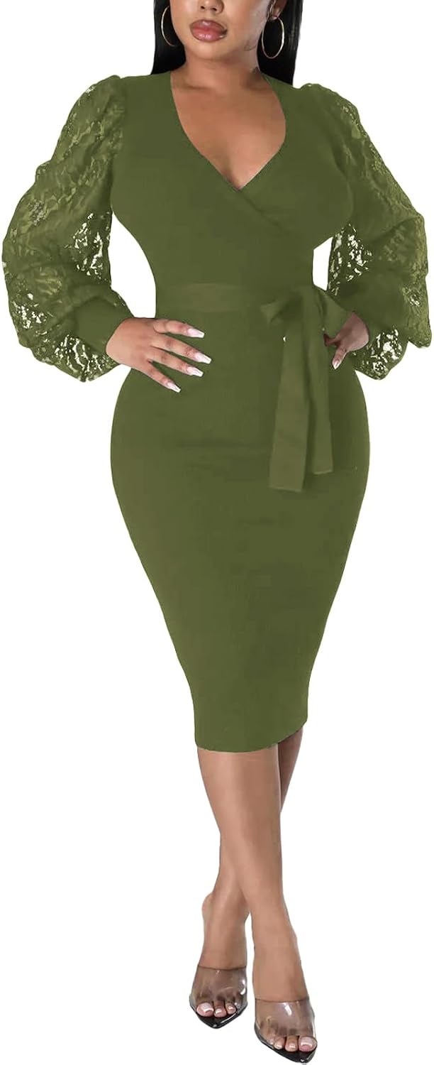 BOGURST Semi Formal Church Dresses for Women Bishop Sleeve Sexy V Neck Bodycon Midi Dresses
