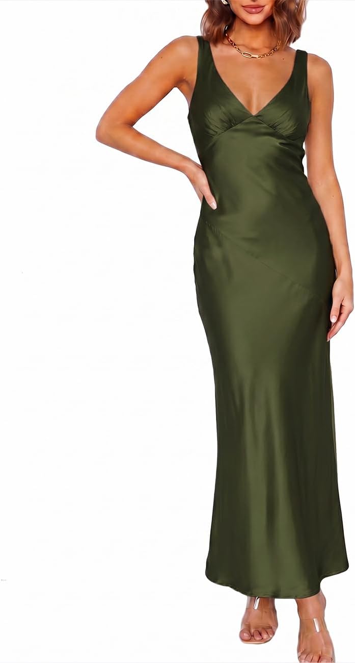 VUBIYA Women's Summer Satin V Neck Backless Maxi Dress Wedding Guest | Open Back Tie-Back, Silk Sleeveless, Formal Bridesmaid, Elegant Cocktail, Vacation Beach, Date Night and Party