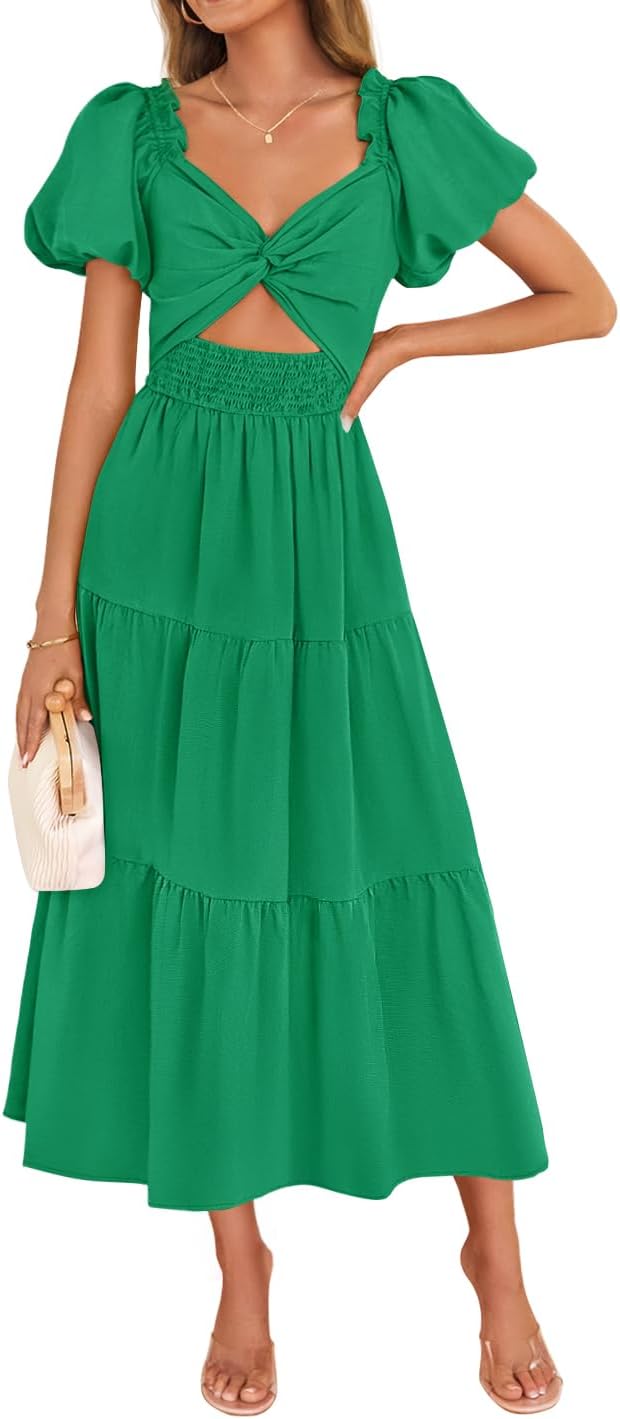 ZESICA Womens Summer Casual Cutout Flowy Vacation Maxi Dress | Short Puff Sleeve, A Line, Smocked Dress, Beach Party Dresses, Spring Summer Wedding Guest Long Dress