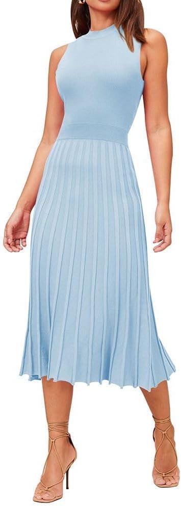 Pink Queen Women's Elegant Sleeveless Pleated A Line Midi Sweater Dresses | Crewneck,High Waisted,Ribbed Knit,Swing Long Dresses,Soft Stretchy,Business Causal,Work,Wedding,Party,Cocktail