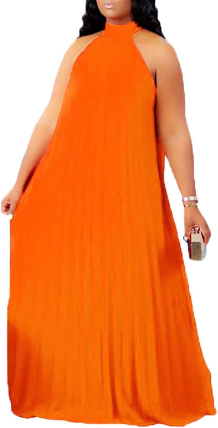Aro Lora Womens Plus Size Chiffon Loose Long Maxi Dresses | Sleeveless, Halter Neck, Pleated, Summer Casual Formal Dress, Wedding Guest, Beach, Vacation, Prom, Party, Club, Evening