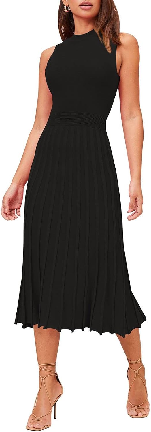 Pink Queen Women's Elegant Sleeveless Pleated A Line Midi Sweater Dresses | Crewneck,High Waisted,Ribbed Knit,Swing Long Dresses,Soft Stretchy,Business Causal,Work,Wedding,Party,Cocktail