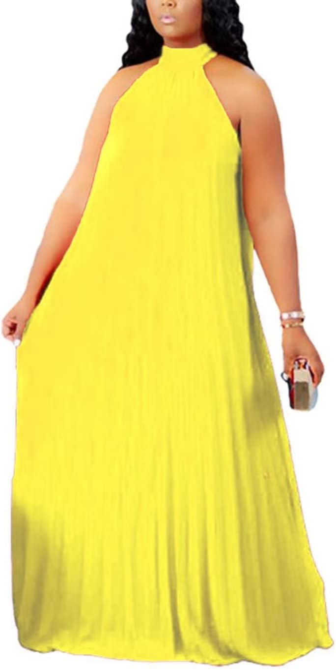 Aro Lora Womens Plus Size Chiffon Loose Long Maxi Dresses | Sleeveless, Halter Neck, Pleated, Summer Casual Formal Dress, Wedding Guest, Beach, Vacation, Prom, Party, Club, Evening