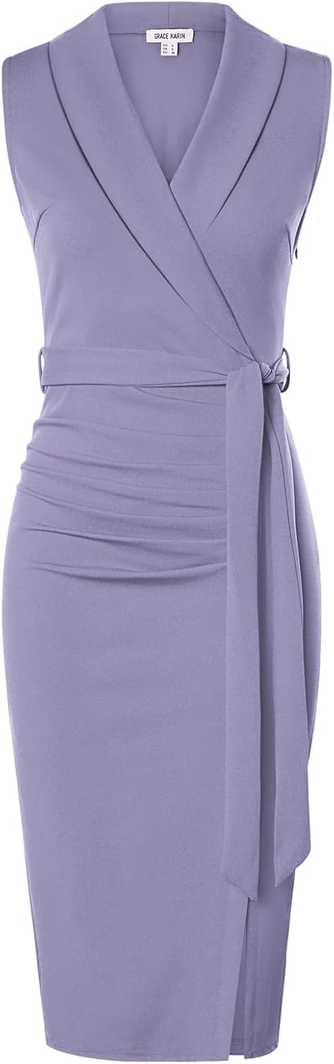 GRACE KARIN Women's Wear to Work Bodycon Sleeveless Dresses | Midi, Slim Fit, Ruched, Belted, High Waist, Stretchy, Slit, V Neck, Wrap, Pencil, Elegant, Office, Formal, Sheath, Cocktail