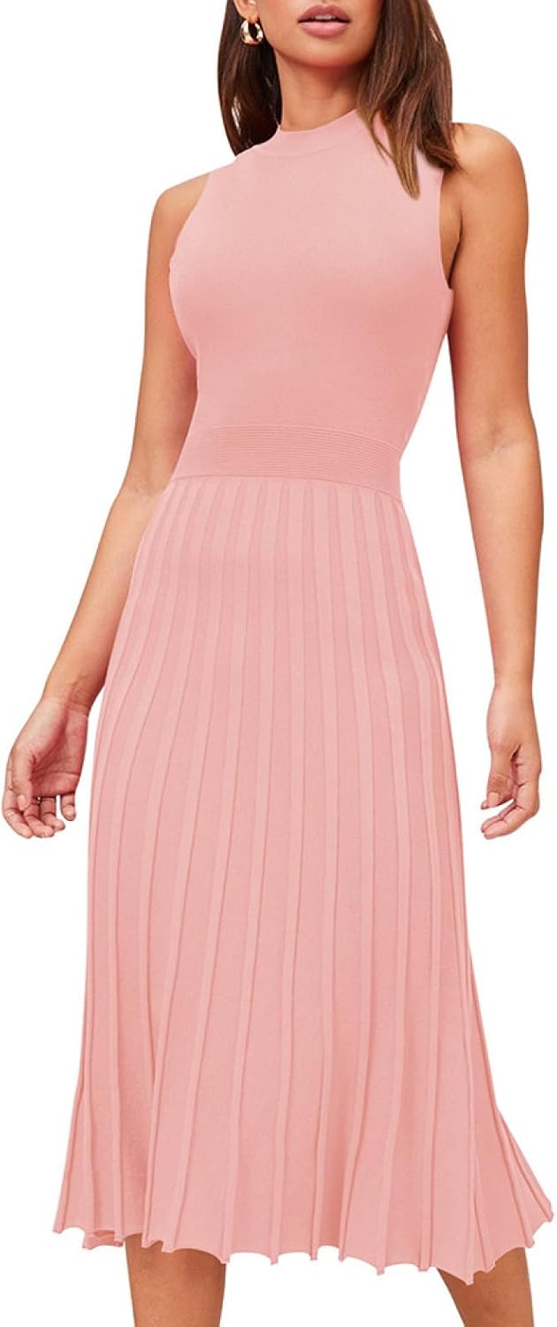 Pink Queen Women's Elegant Sleeveless Pleated A Line Midi Sweater Dresses | Crewneck,High Waisted,Ribbed Knit,Swing Long Dresses,Soft Stretchy,Business Causal,Work,Wedding,Party,Cocktail