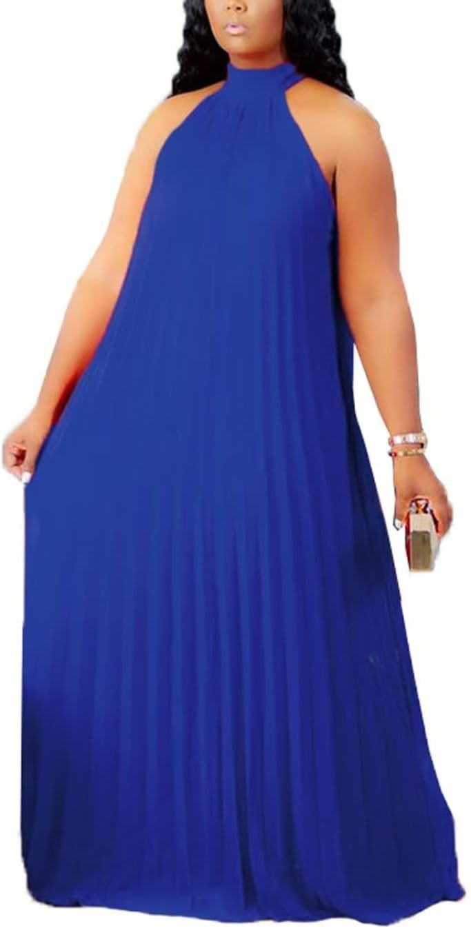 Aro Lora Womens Plus Size Chiffon Loose Long Maxi Dresses | Sleeveless, Halter Neck, Pleated, Summer Casual Formal Dress, Wedding Guest, Beach, Vacation, Prom, Party, Club, Evening
