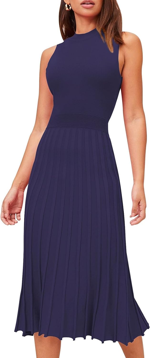 Pink Queen Women's Elegant Sleeveless Pleated A Line Midi Sweater Dresses | Crewneck,High Waisted,Ribbed Knit,Swing Long Dresses,Soft Stretchy,Business Causal,Work,Wedding,Party,Cocktail