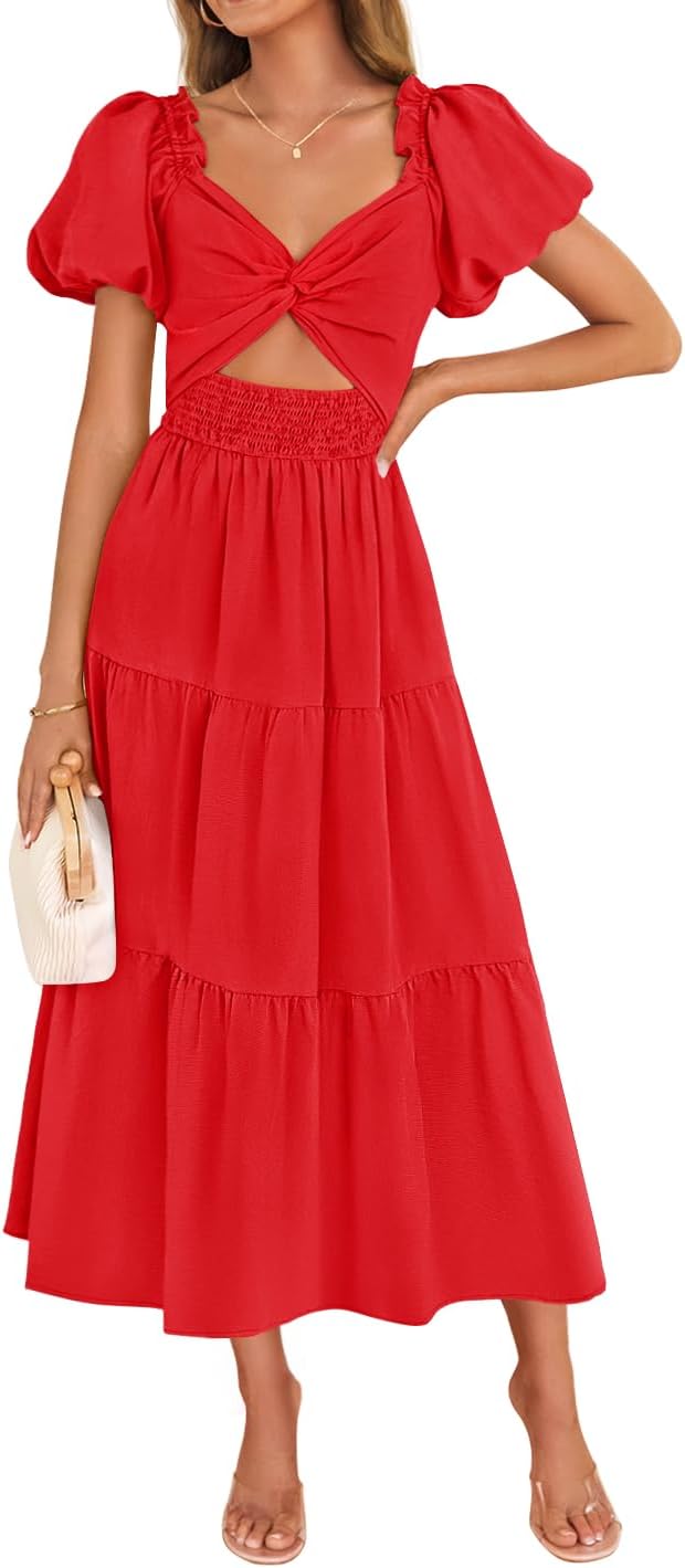 ZESICA Womens Summer Casual Cutout Flowy Vacation Maxi Dress | Short Puff Sleeve, A Line, Smocked Dress, Beach Party Dresses, Spring Summer Wedding Guest Long Dress