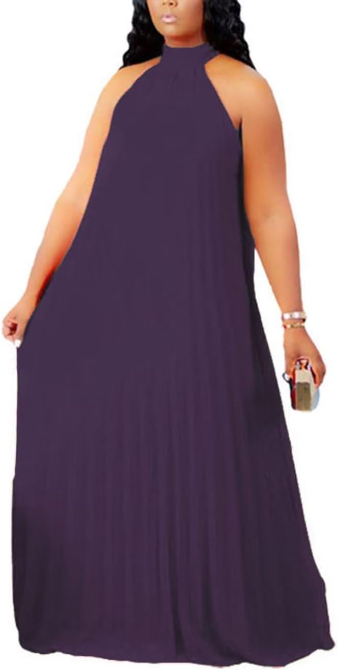 Aro Lora Womens Plus Size Chiffon Loose Long Maxi Dresses | Sleeveless, Halter Neck, Pleated, Summer Casual Formal Dress, Wedding Guest, Beach, Vacation, Prom, Party, Club, Evening