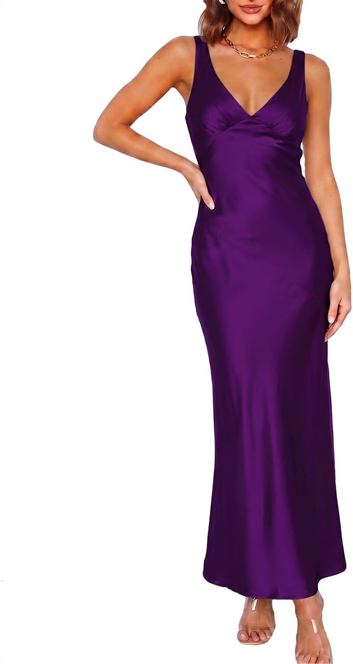 VUBIYA Women's Summer Satin V Neck Backless Maxi Dress Wedding Guest | Open Back Tie-Back, Silk Sleeveless, Formal Bridesmaid, Elegant Cocktail, Vacation Beach, Date Night and Party