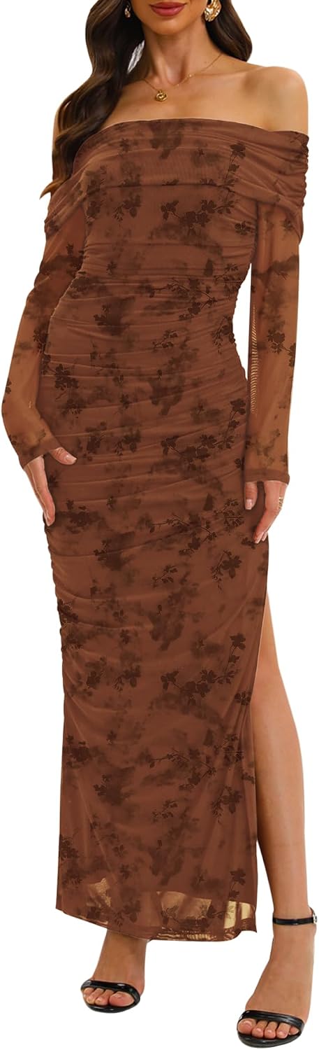 Relipop Women Off Shoulder Dress Long Sleeve Bodycon Mesh Ruched High Split Spring Formal Wedding Guest Maxi Dresses