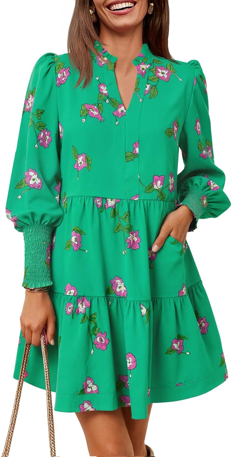 Imily Bela Womens Fall Long Sleeve Tunic Dress Casual V Neck Tiered Dress | Loose,Swing,A-Line,Ruffled Collar,Puff Balloon Sleeve,Smocked Elastic Cuffs,Tiered Layered Ruffle Hem,Babydoll,Loose,Mini
