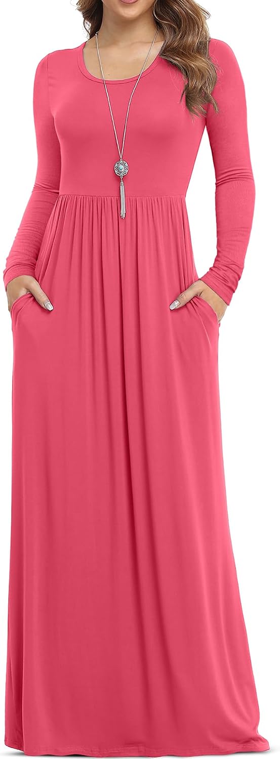VIISHOW Women's Long Sleeve Casual Empire Waist Maxi Dress with Pockets | Soft stretch,Loose\u2011flowing dress,Full\u2011length cut,For church & daily occasions,Layer for cool Fall\u2011Winter,Casual to Formal