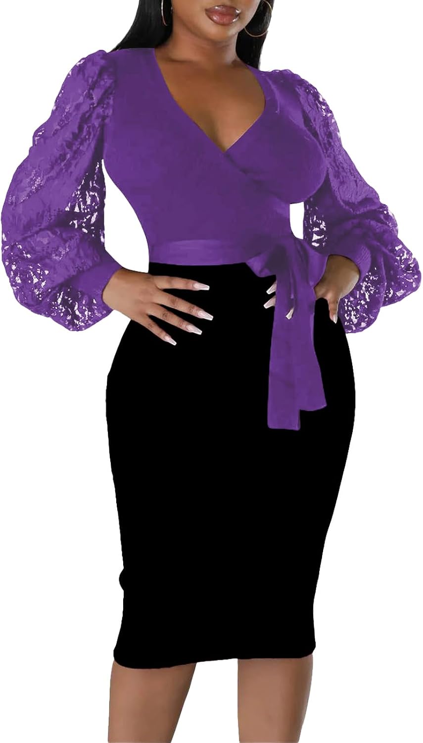 BOGURST Semi Formal Church Dresses for Women Bishop Sleeve Sexy V Neck Bodycon Midi Dresses