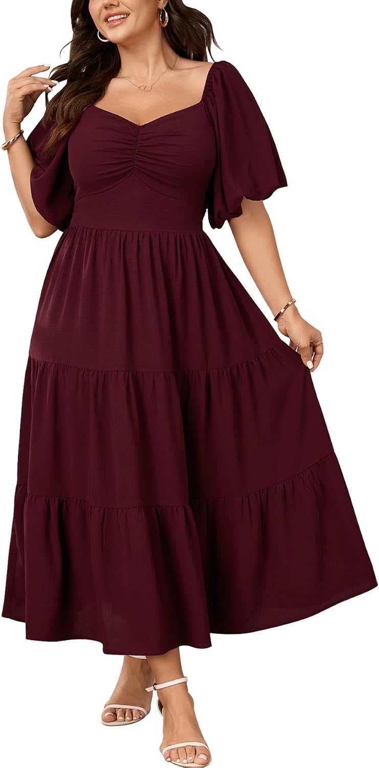 SHESTARR Womens Plus Size Wedding Guest Maxi Dress | Puffy Short Sleeve, Sweetheart Neckline, Smocked, Flowy, Tiered, A Line, Summer, Long Dresses