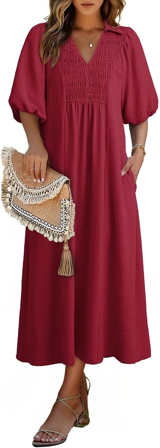 Dokotoo Summer Dresses for Women 2026 Casual Dresses V Neck Puff Sleeve Empire Waist A-Line Maxi Dress