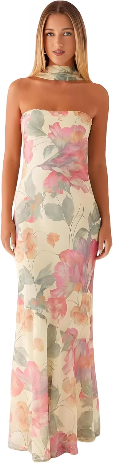 Women's Floral Strapless Tube Maxi Dress with Scarf, Bodycon Long Dress | 2-Layer: Mesh outer, stretchy lining\u2014no see-through, dress features non-slip strips. Suitable for spring and summer wear.