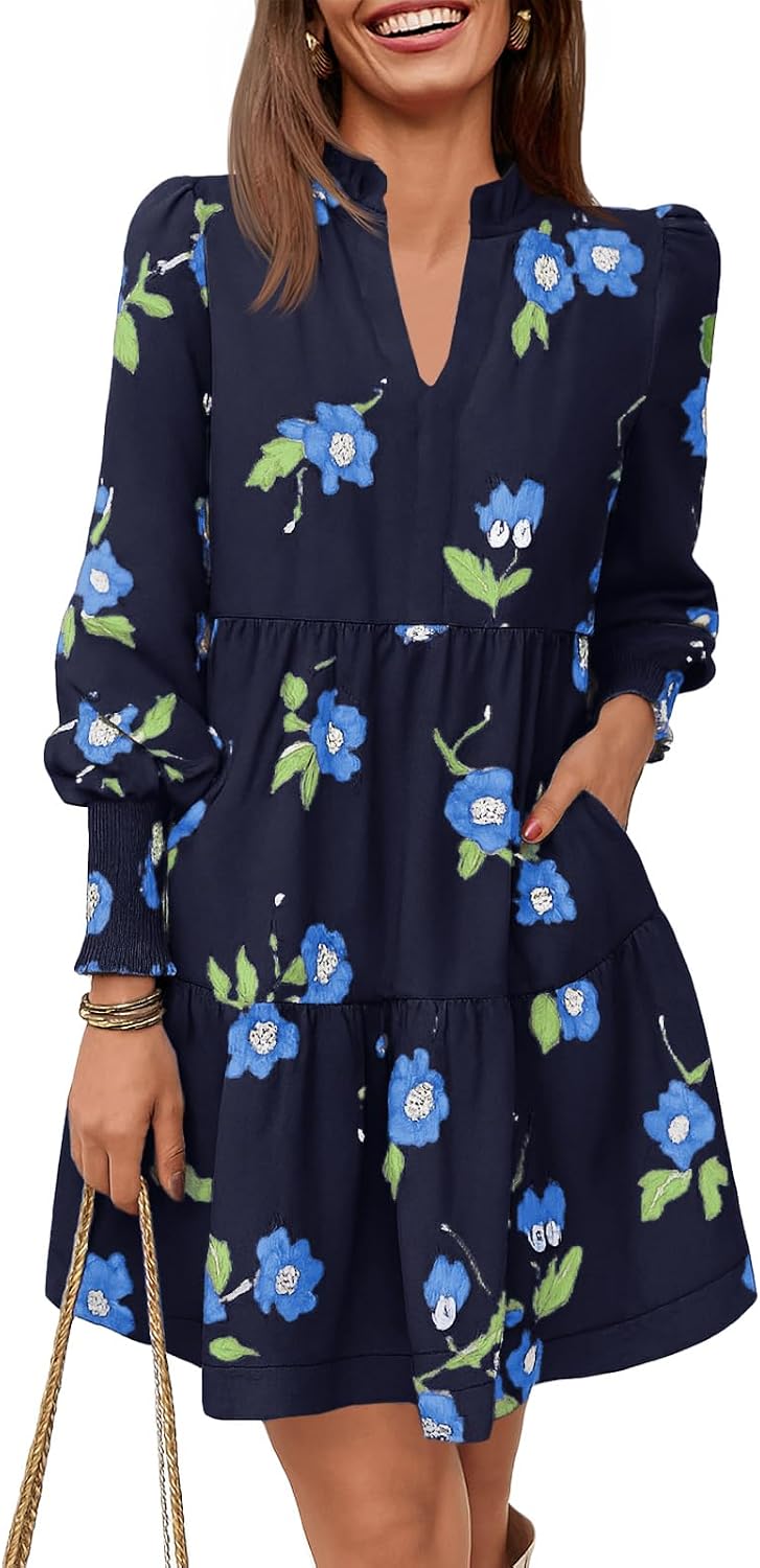 Imily Bela Womens Fall Long Sleeve Tunic Dress Casual V Neck Tiered Dress | Loose,Swing,A-Line,Ruffled Collar,Puff Balloon Sleeve,Smocked Elastic Cuffs,Tiered Layered Ruffle Hem,Babydoll,Loose,Mini