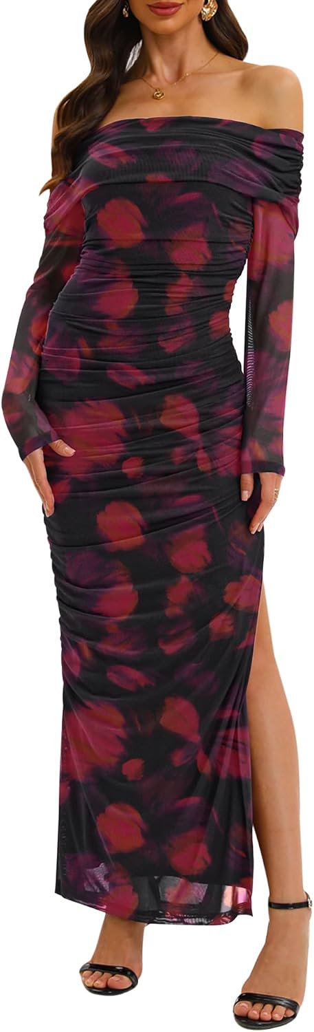 Relipop Women Off Shoulder Dress Long Sleeve Bodycon Mesh Ruched High Split Spring Formal Wedding Guest Maxi Dresses