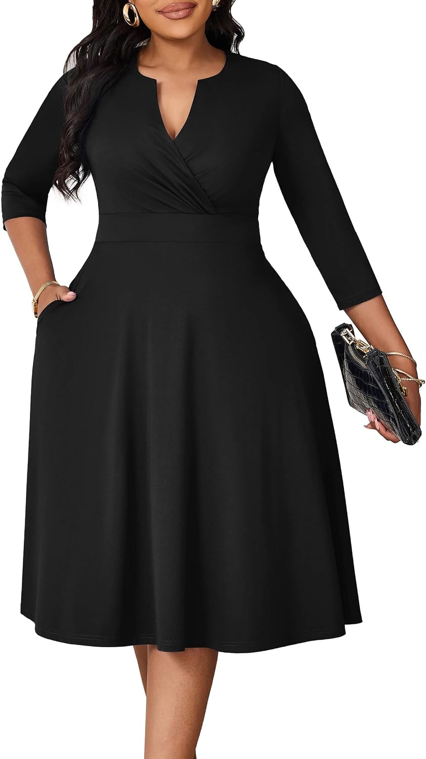Runwind Plus Size Curvy Dresses for Women A-Line V Neck Casual Midi Dress | 3\/4 Sleeve, wrap shirred bodice, stretch empire waist, pockets & back hidden zipper, elegant style for cocktail party