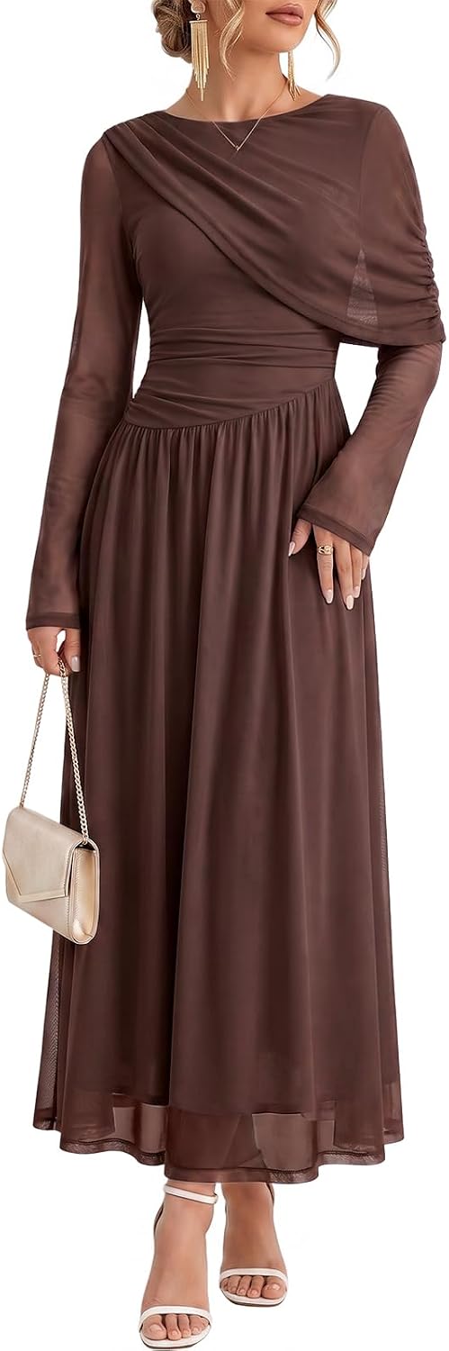 Wenrine Womens Fall Cocktail Dress Long Sleeve Mesh Maxi Party Dresses | Long Sleeve, Mesh, A Line, Flowy, Fall, Winter, Maxi, Long Cocktail Party Dress, Evening Gowns, Dress with Cape Sleeves