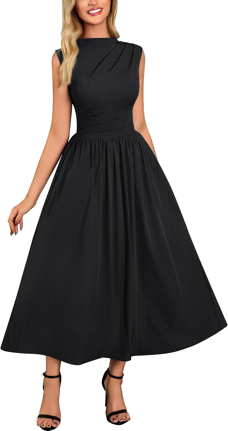 Miusol Women's Retro Half Collar Sleeveless with Pocket Casual Swing Dress | Sleevelss, Slim Cutting, Under Knee Length, For Outdoor