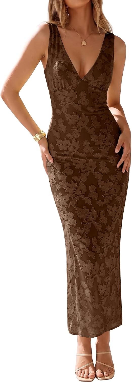 Muchpow Women's Sexy V Neck Bodycon Cocktail Floral Maxi Dress | Lined, Floral Embroidered Semi Formal Mesh Sleeveless Wedding Guest Homecoming Party Elegant Long Dresses