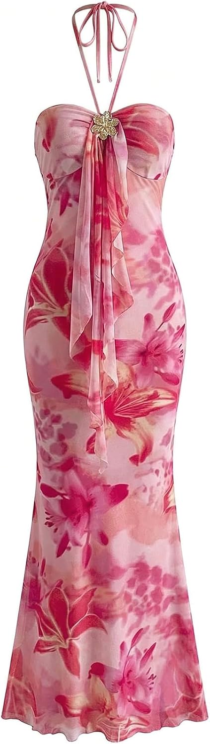 GORGLITTER Women's Ombre Sunset Halter Starfish Boho Beach Maxi Dresses | Tropical Vacation Hawaiian Dresses 2026, Floral Cocktail Going Out Fishtail Long Sundress