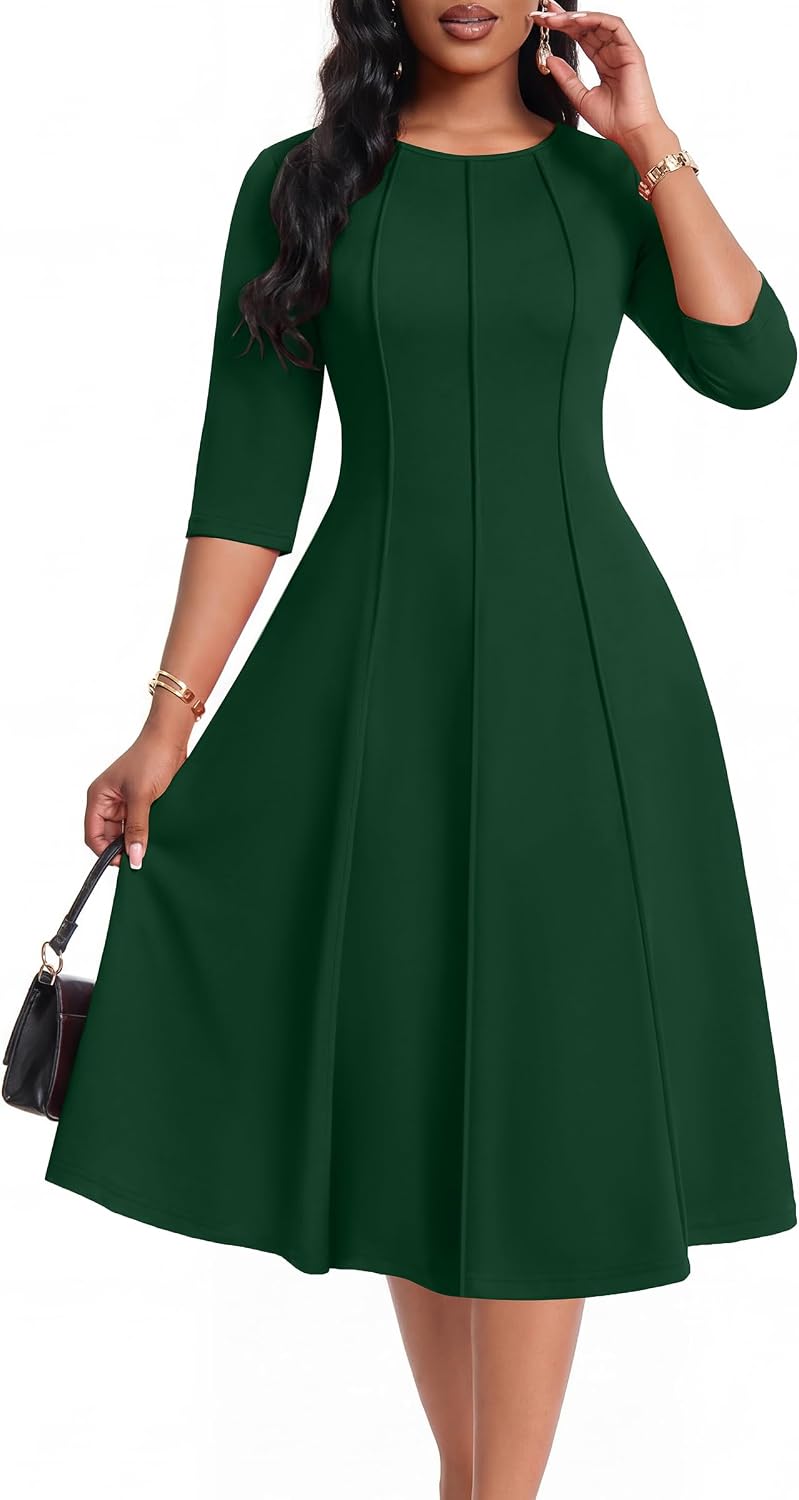 CLOCOR Womens 3\/4 Sleeve Semi Formal Church Midi Dress with Pockets | Fit and flare, modest crew neck, vertical seams, elegant style, casual, work, cocktail party