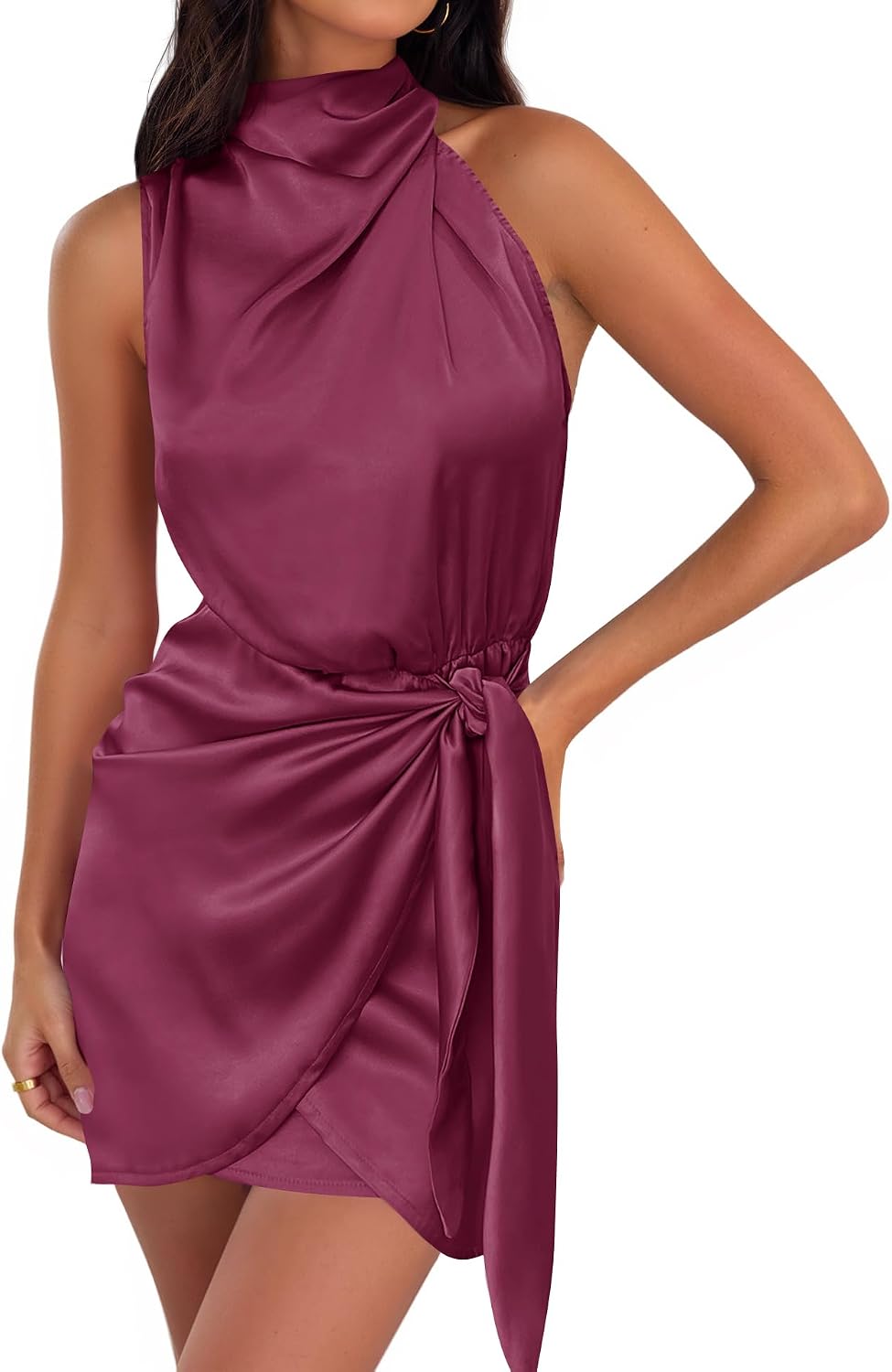 ZESICA Women's Satin Sleeveless Halter Tie Waist Wrap Bodycon Mini Dress | 2026 Summer Fashion Short Dresses, Silky High Waist Dress, Above Knee Length, Sexy Cocktail Party Club Outfits