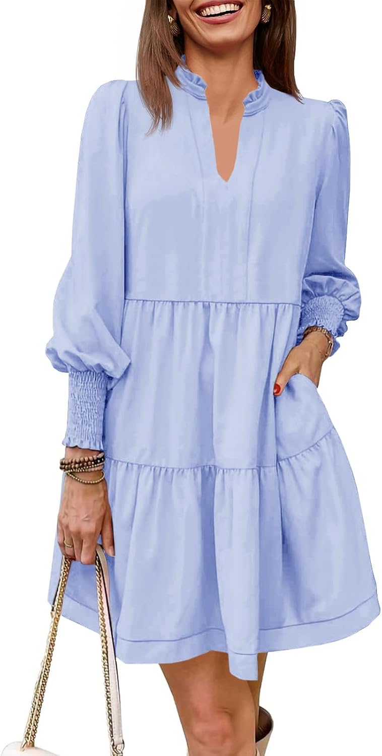 Imily Bela Womens Fall Long Sleeve Tunic Dress Casual V Neck Tiered Dress | Loose,Swing,A-Line,Ruffled Collar,Puff Balloon Sleeve,Smocked Elastic Cuffs,Tiered Layered Ruffle Hem,Babydoll,Loose,Mini