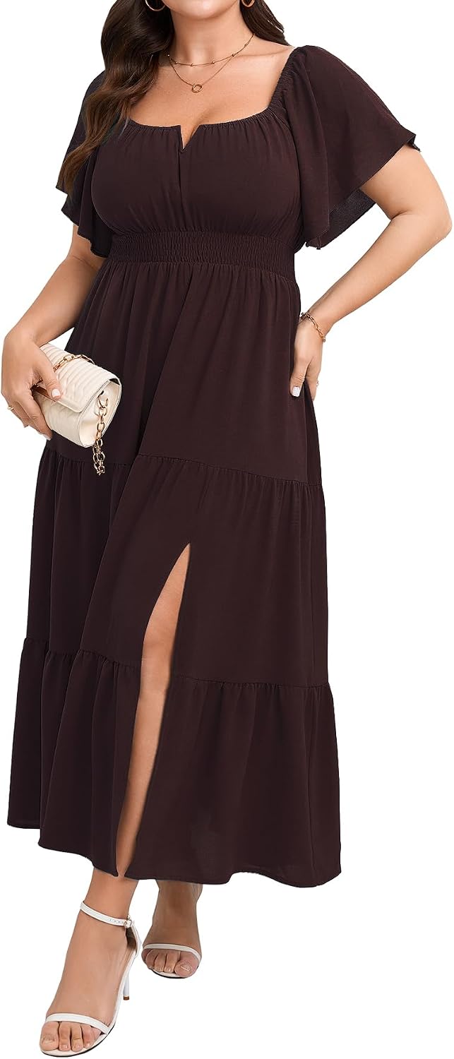 SCOMCHIC Womens Plus Size Wedding Guest Cocktail Dresses | Short Sleeve, Square Neck, Tiered Ruffle, Slit Maxi Dress