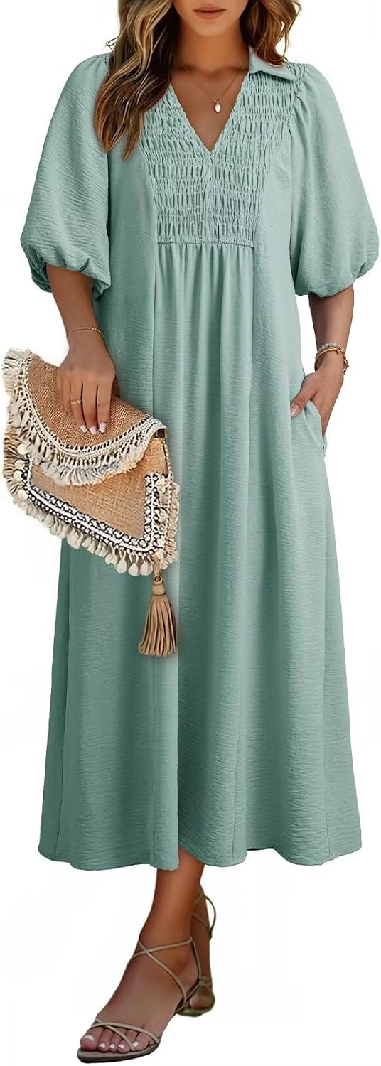 Dokotoo Summer Dresses for Women 2026 Casual Dresses V Neck Puff Sleeve Empire Waist A-Line Maxi Dress